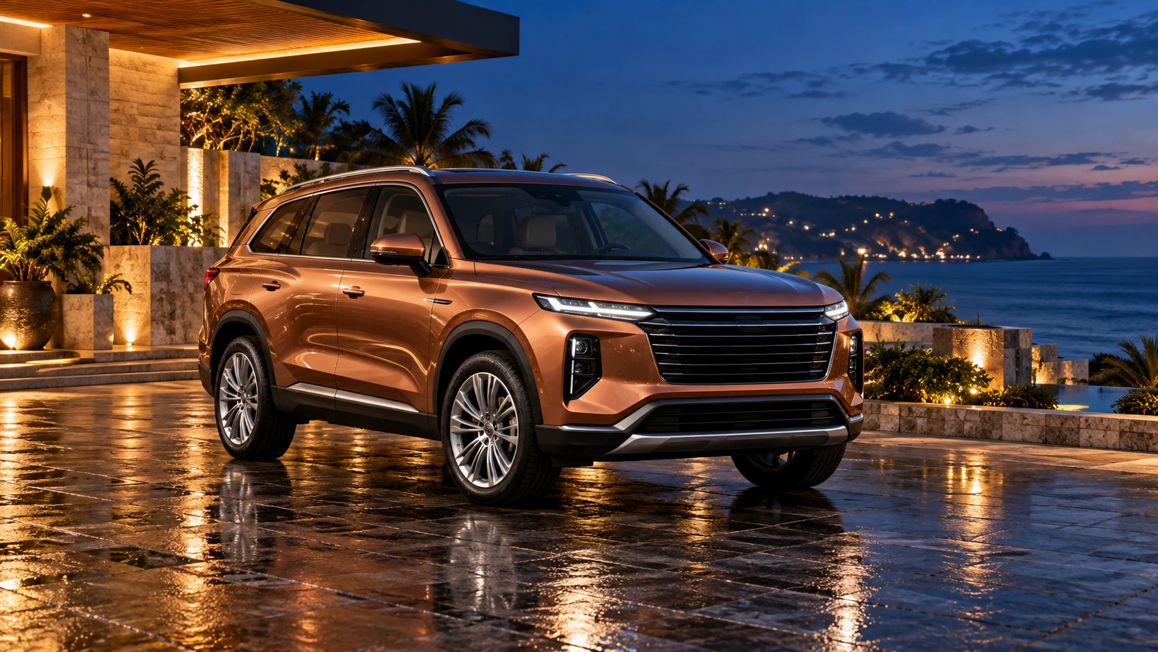 A copper bronze premium SUV at an Indian coastal hotel after sunset